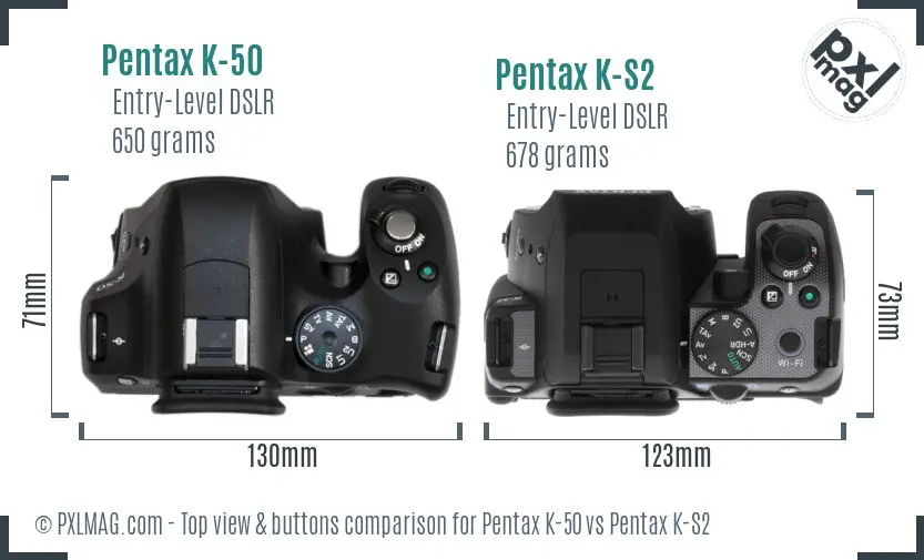 Pentax K-50 vs Pentax K-S2 top view buttons comparison