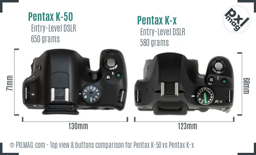 Pentax K-50 vs Pentax K-x top view buttons comparison