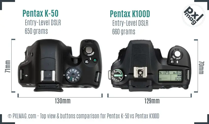 Pentax K-50 vs Pentax K100D top view buttons comparison