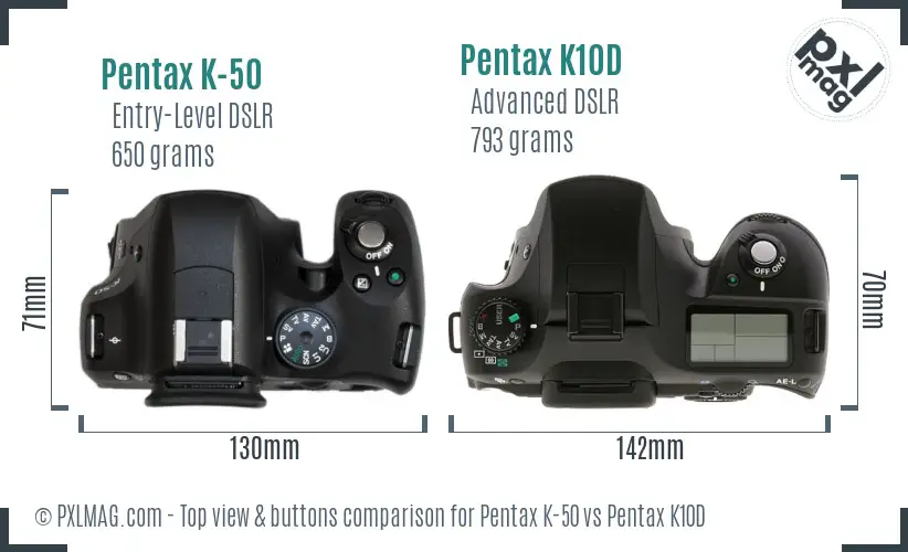 Pentax K-50 vs Pentax K10D top view buttons comparison