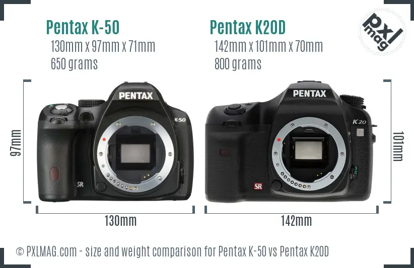 Pentax K-50 vs Pentax K20D size comparison