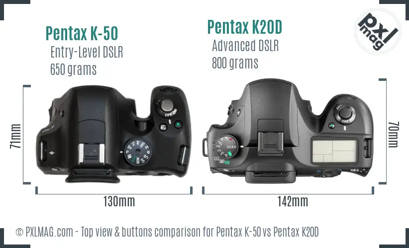 Pentax K-50 vs Pentax K20D top view buttons comparison