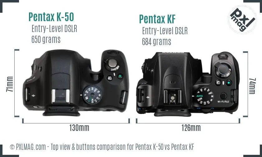 Pentax K-50 vs Pentax KF top view buttons comparison