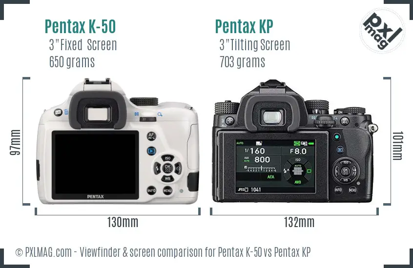 Pentax K-50 vs Pentax KP Screen and Viewfinder comparison