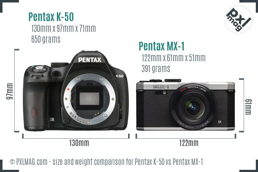 Pentax K-50 vs Pentax MX-1 size comparison