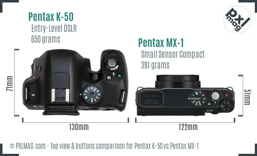 Pentax K-50 vs Pentax MX-1 top view buttons comparison