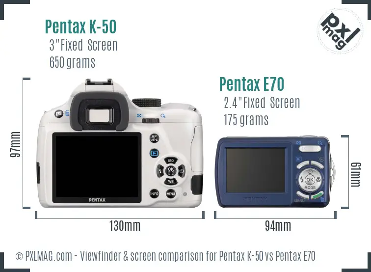 Pentax K-50 vs Pentax E70 Screen and Viewfinder comparison
