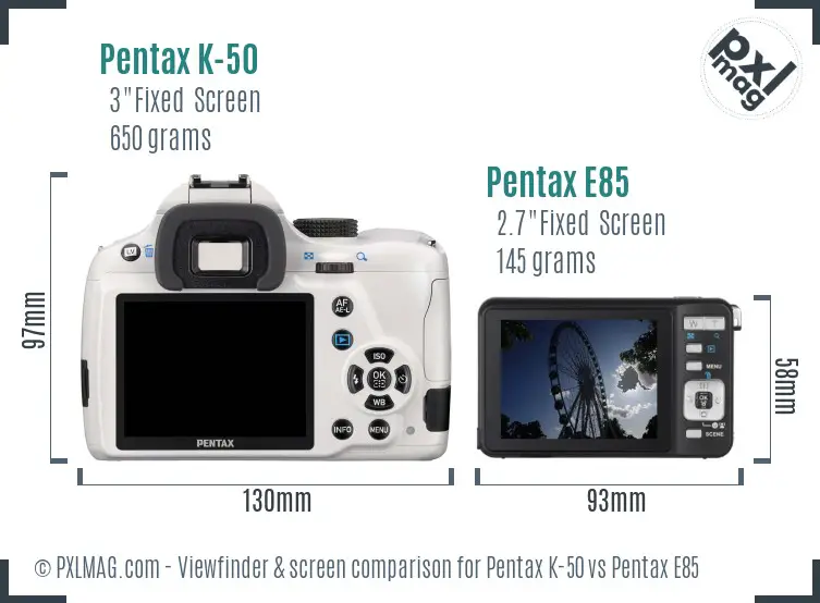 Pentax K-50 vs Pentax E85 Screen and Viewfinder comparison