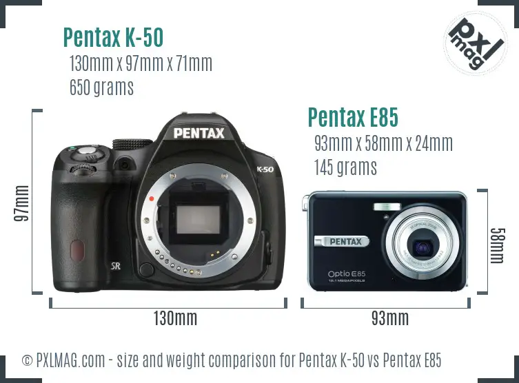 Pentax K-50 vs Pentax E85 size comparison