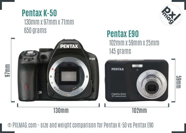 Pentax K-50 vs Pentax E90 size comparison