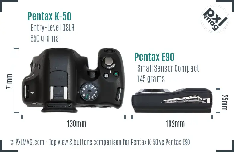 Pentax K-50 vs Pentax E90 top view buttons comparison