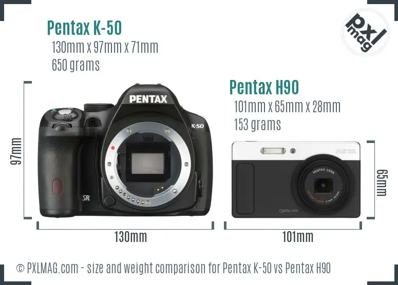 Pentax K-50 vs Pentax H90 size comparison