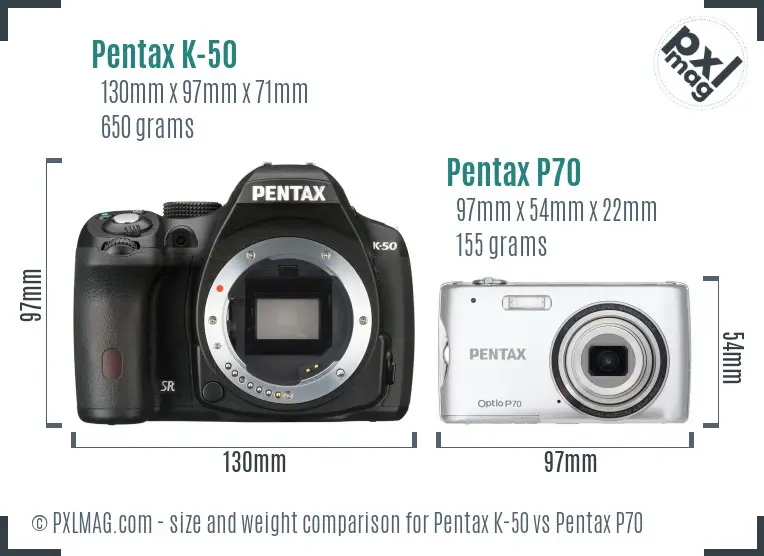 Pentax K-50 vs Pentax P70 size comparison