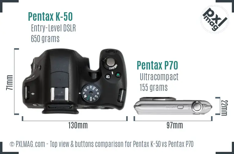 Pentax K-50 vs Pentax P70 top view buttons comparison