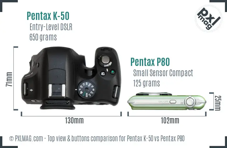 Pentax K-50 vs Pentax P80 top view buttons comparison