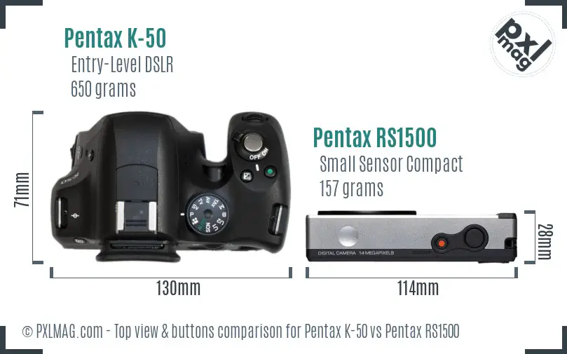 Pentax K-50 vs Pentax RS1500 top view buttons comparison