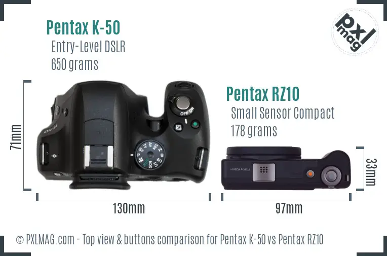 Pentax K-50 vs Pentax RZ10 top view buttons comparison