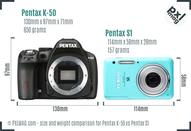Pentax K-50 vs Pentax S1 size comparison
