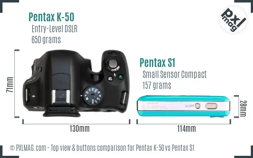 Pentax K-50 vs Pentax S1 top view buttons comparison