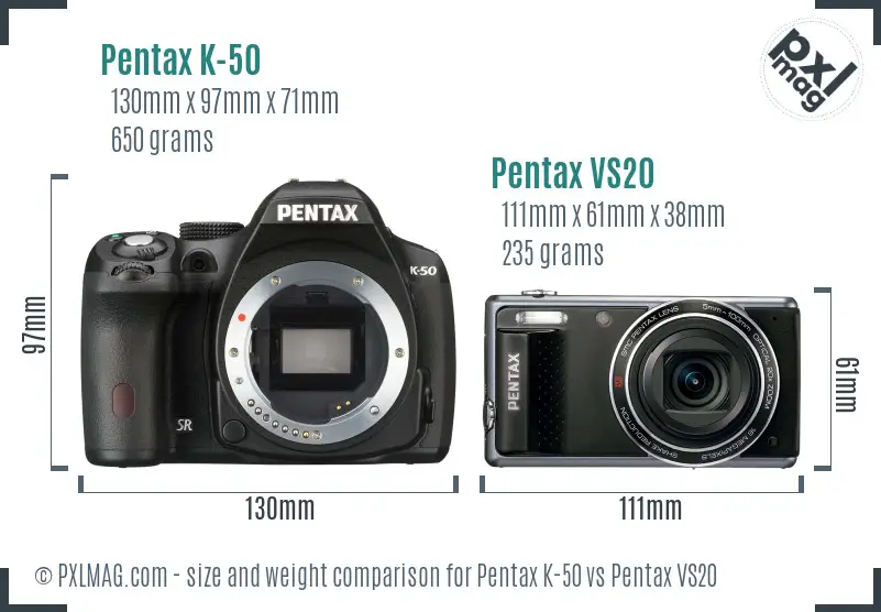 Pentax K-50 vs Pentax VS20 size comparison