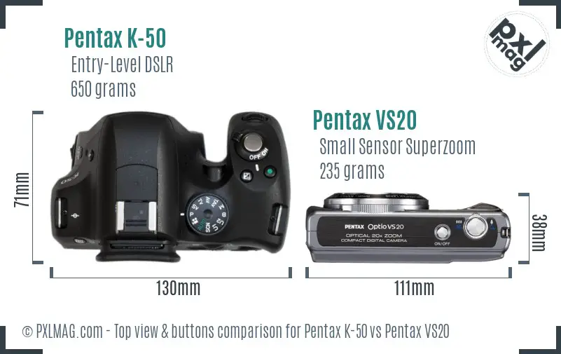 Pentax K-50 vs Pentax VS20 top view buttons comparison