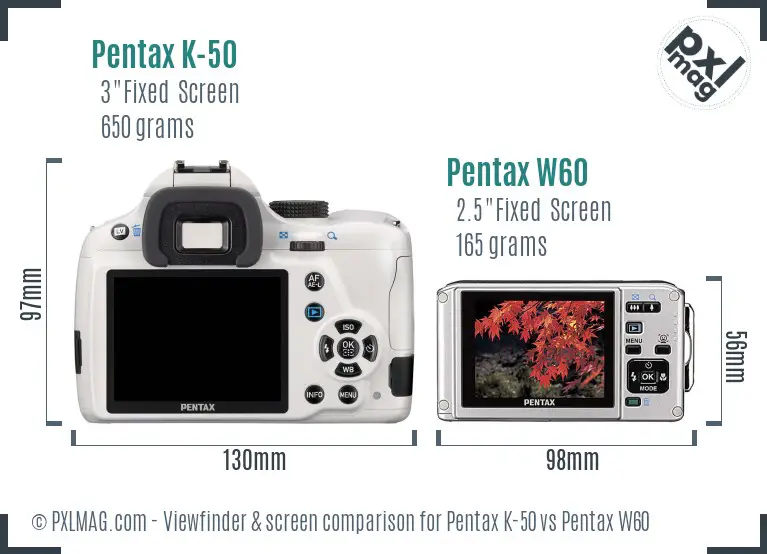 Pentax K-50 vs Pentax W60 Screen and Viewfinder comparison