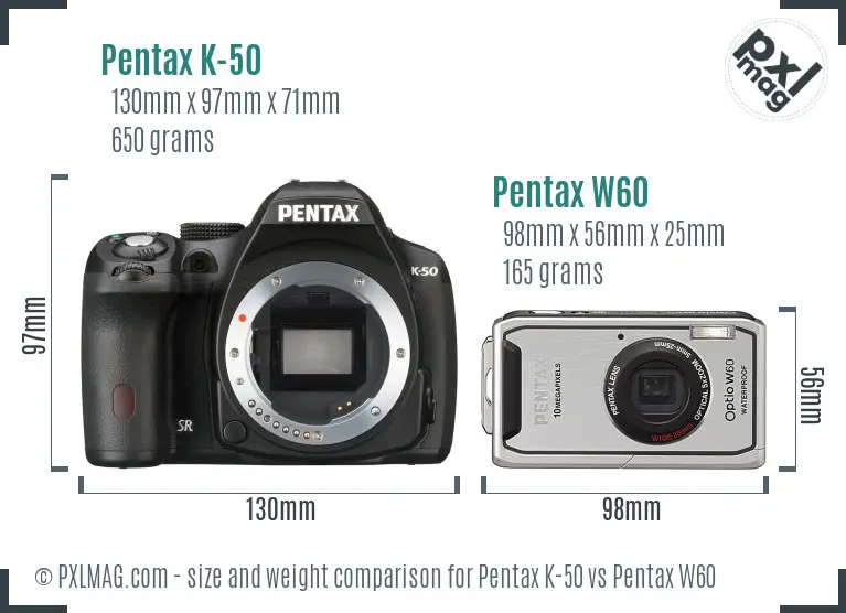 Pentax K-50 vs Pentax W60 size comparison