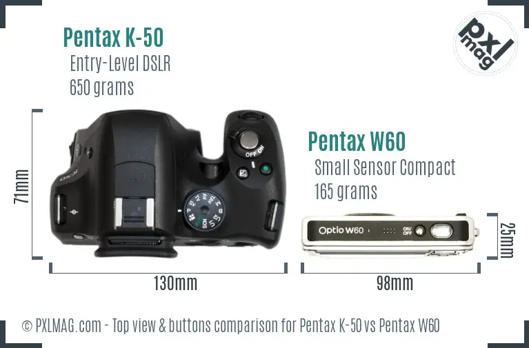 Pentax K-50 vs Pentax W60 top view buttons comparison
