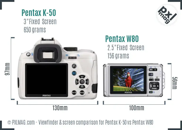 Pentax K-50 vs Pentax W80 Screen and Viewfinder comparison