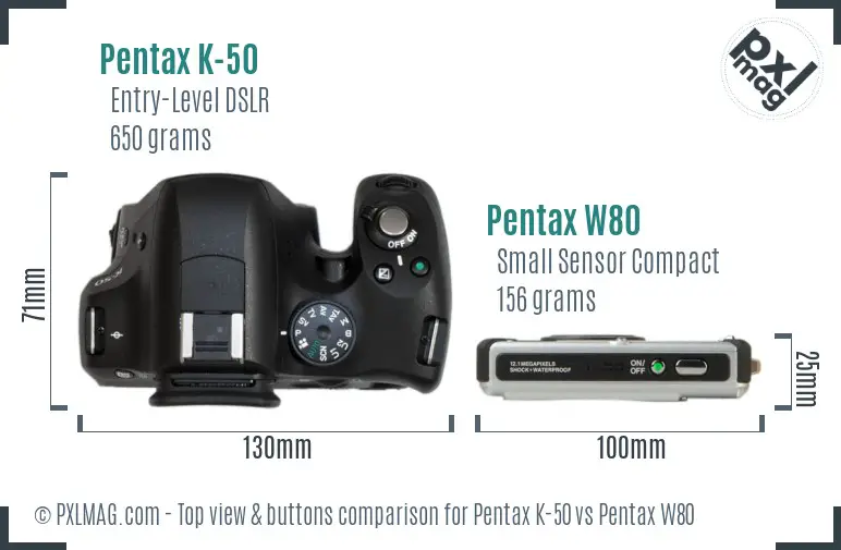 Pentax K-50 vs Pentax W80 top view buttons comparison