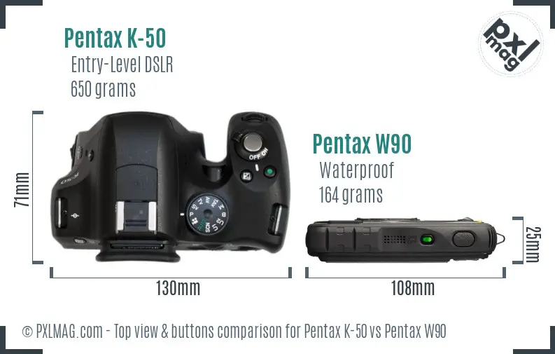 Pentax K-50 vs Pentax W90 top view buttons comparison
