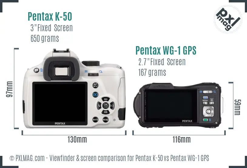 Pentax K-50 vs Pentax WG-1 GPS Screen and Viewfinder comparison