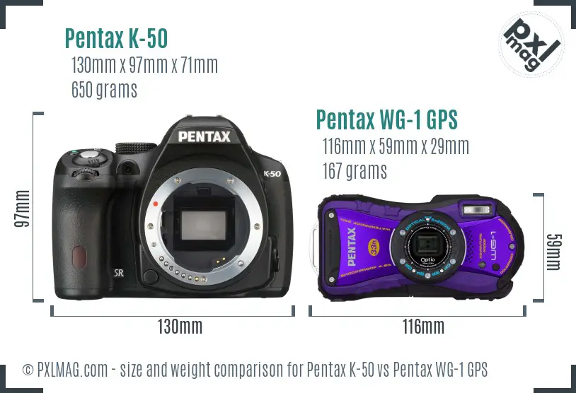 Pentax K-50 vs Pentax WG-1 GPS size comparison
