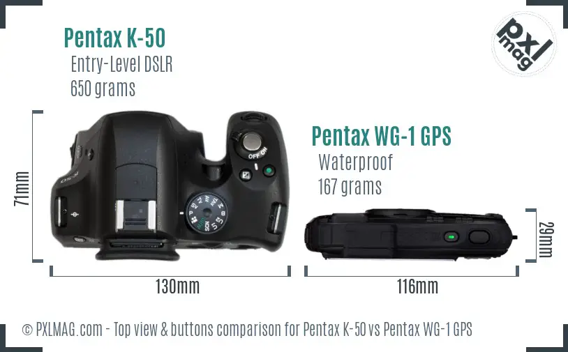 Pentax K-50 vs Pentax WG-1 GPS top view buttons comparison