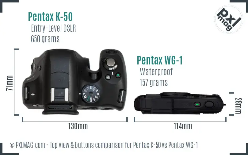 Pentax K-50 vs Pentax WG-1 top view buttons comparison