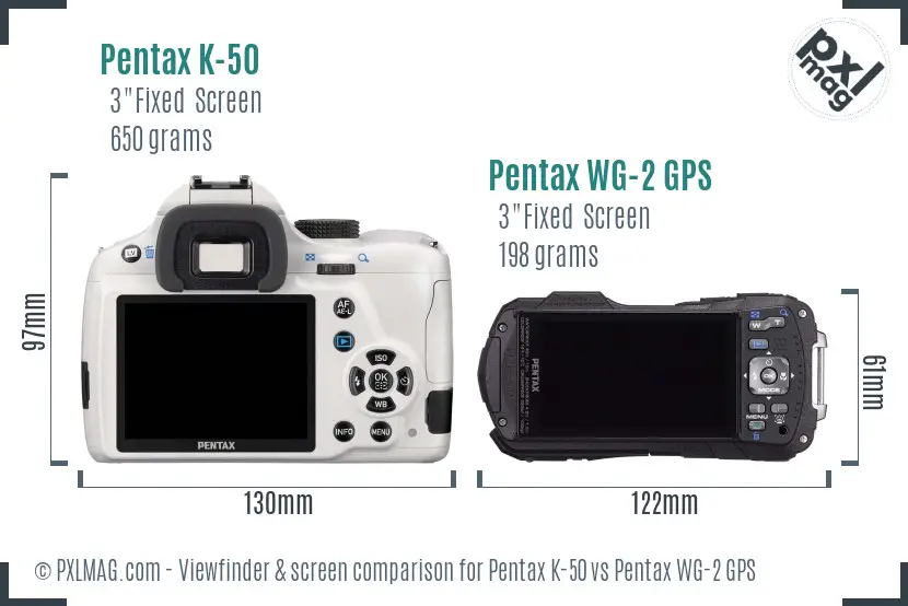 Pentax K-50 vs Pentax WG-2 GPS Screen and Viewfinder comparison