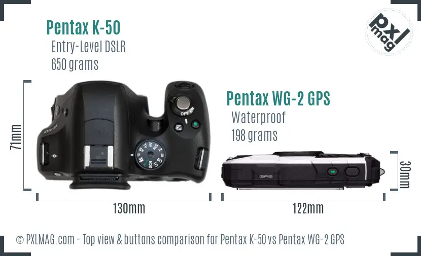 Pentax K-50 vs Pentax WG-2 GPS top view buttons comparison
