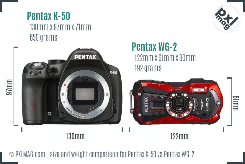 Pentax K-50 vs Pentax WG-2 size comparison