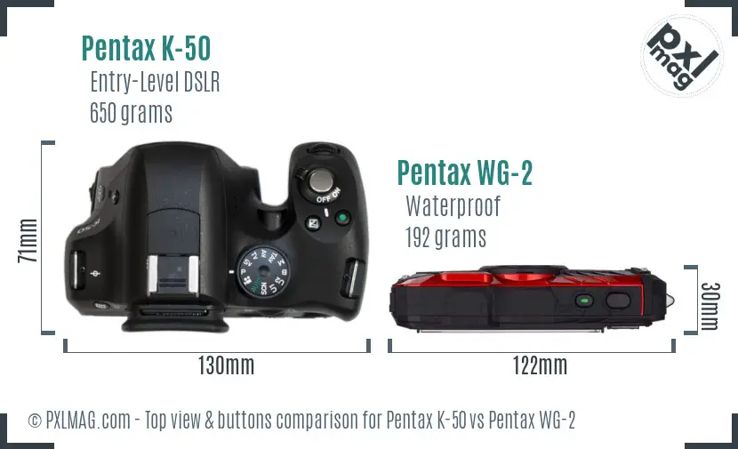 Pentax K-50 vs Pentax WG-2 top view buttons comparison