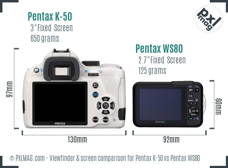 Pentax K-50 vs Pentax WS80 Screen and Viewfinder comparison