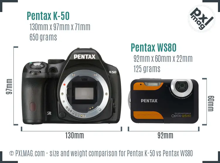 Pentax K-50 vs Pentax WS80 size comparison