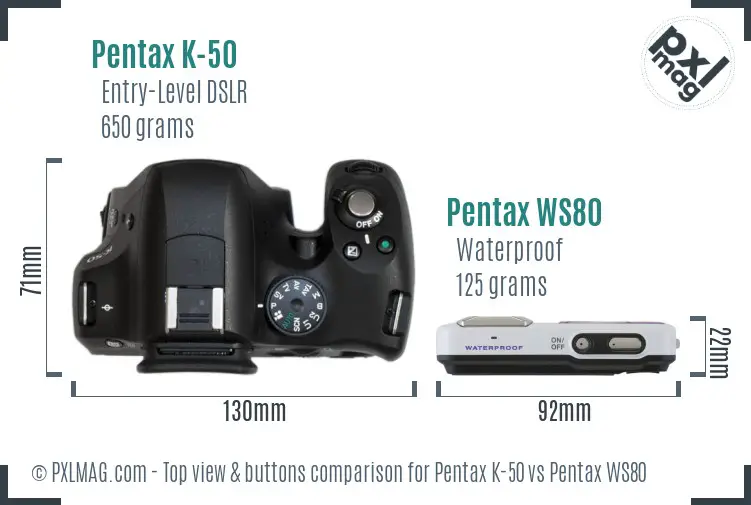Pentax K-50 vs Pentax WS80 top view buttons comparison
