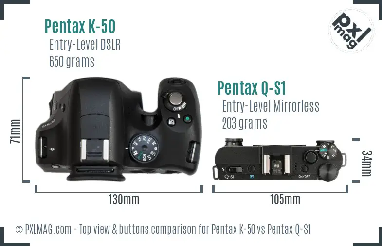 Pentax K-50 vs Pentax Q-S1 top view buttons comparison