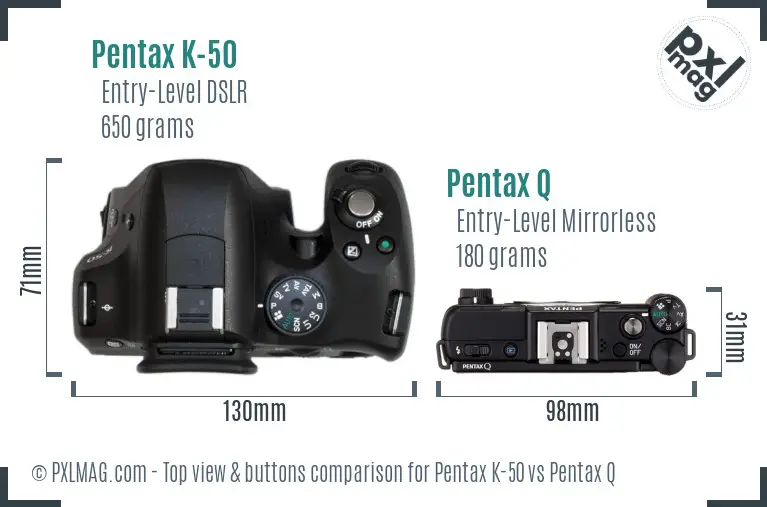 Pentax K-50 vs Pentax Q top view buttons comparison