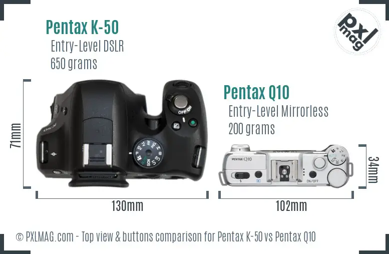 Pentax K-50 vs Pentax Q10 top view buttons comparison