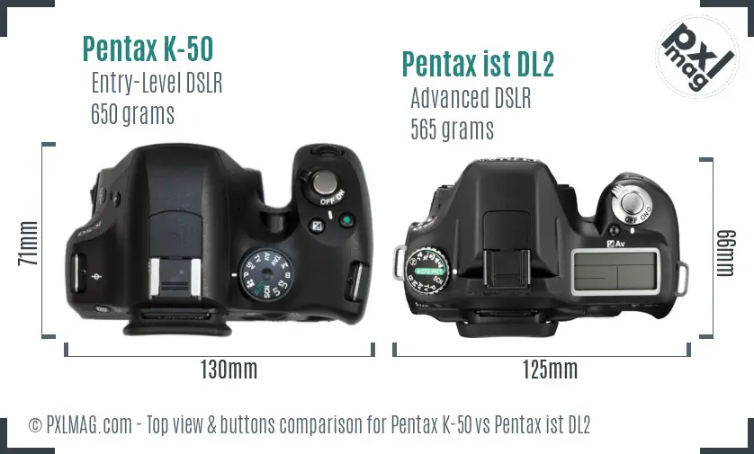 Pentax K-50 vs Pentax ist DL2 top view buttons comparison