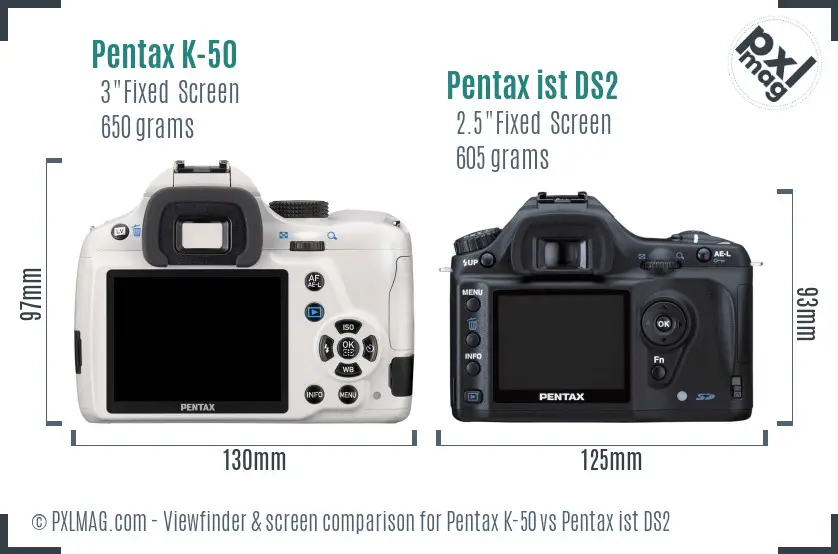 Pentax K-50 vs Pentax ist DS2 Screen and Viewfinder comparison
