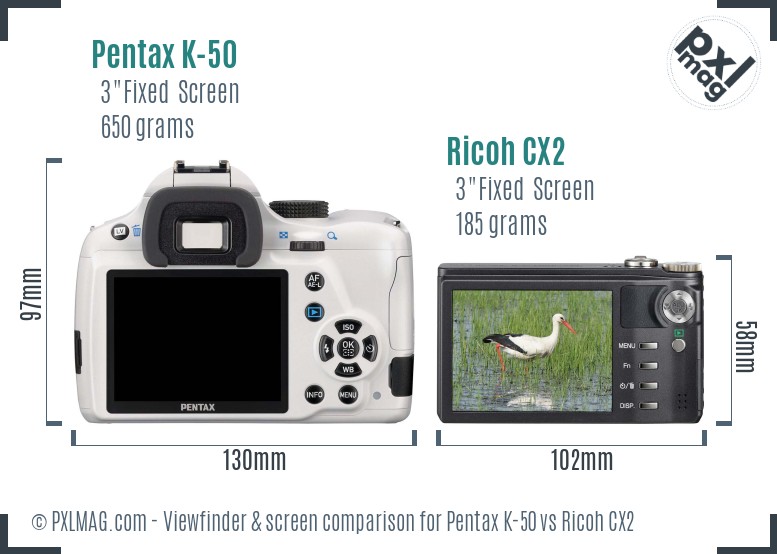 Pentax K-50 vs Ricoh CX2 Screen and Viewfinder comparison