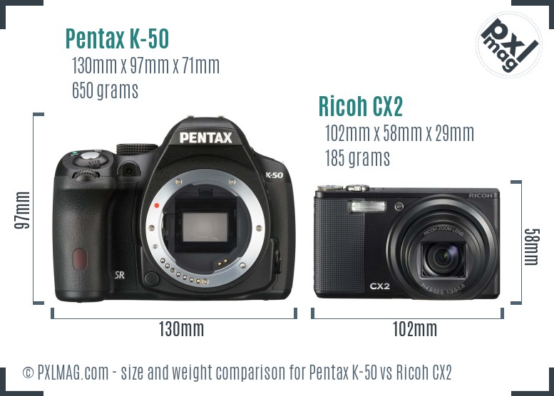 Pentax K-50 vs Ricoh CX2 size comparison Pentax K-50 vs Ricoh CX2 size comparison