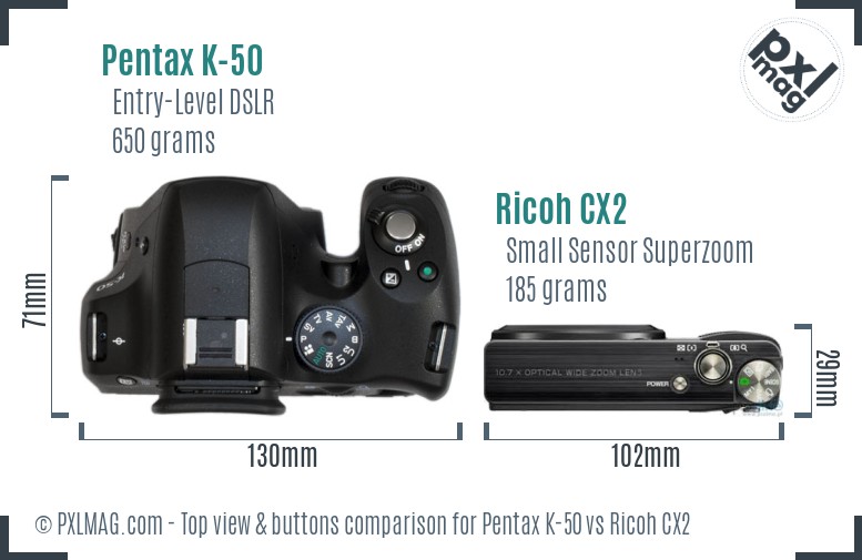 Pentax K-50 vs Ricoh CX2 top view buttons comparison